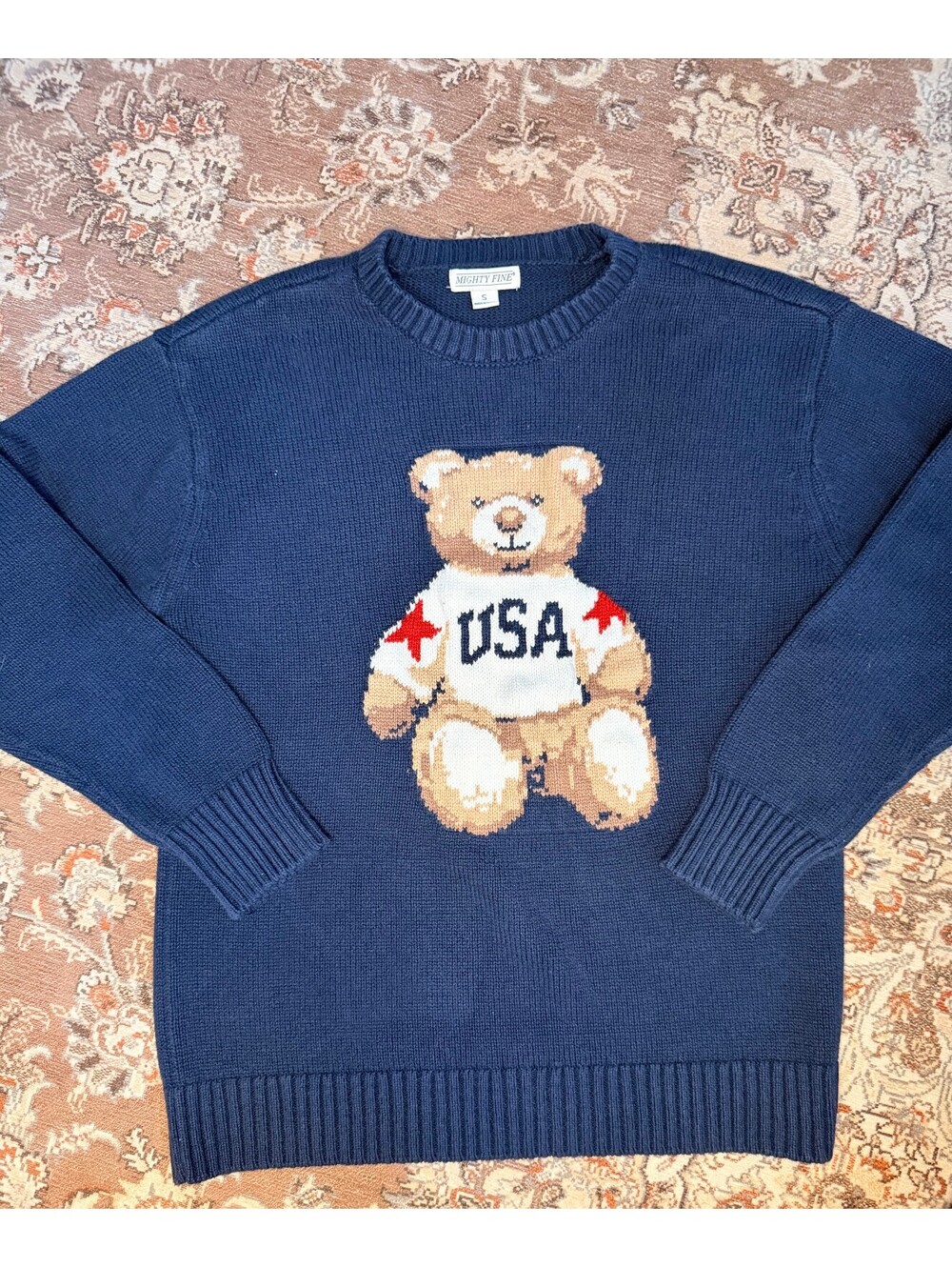Ralph Lauren inspiredMighty Fine USA Teddy Bear Knit Pullover Sweater - Navy Blu